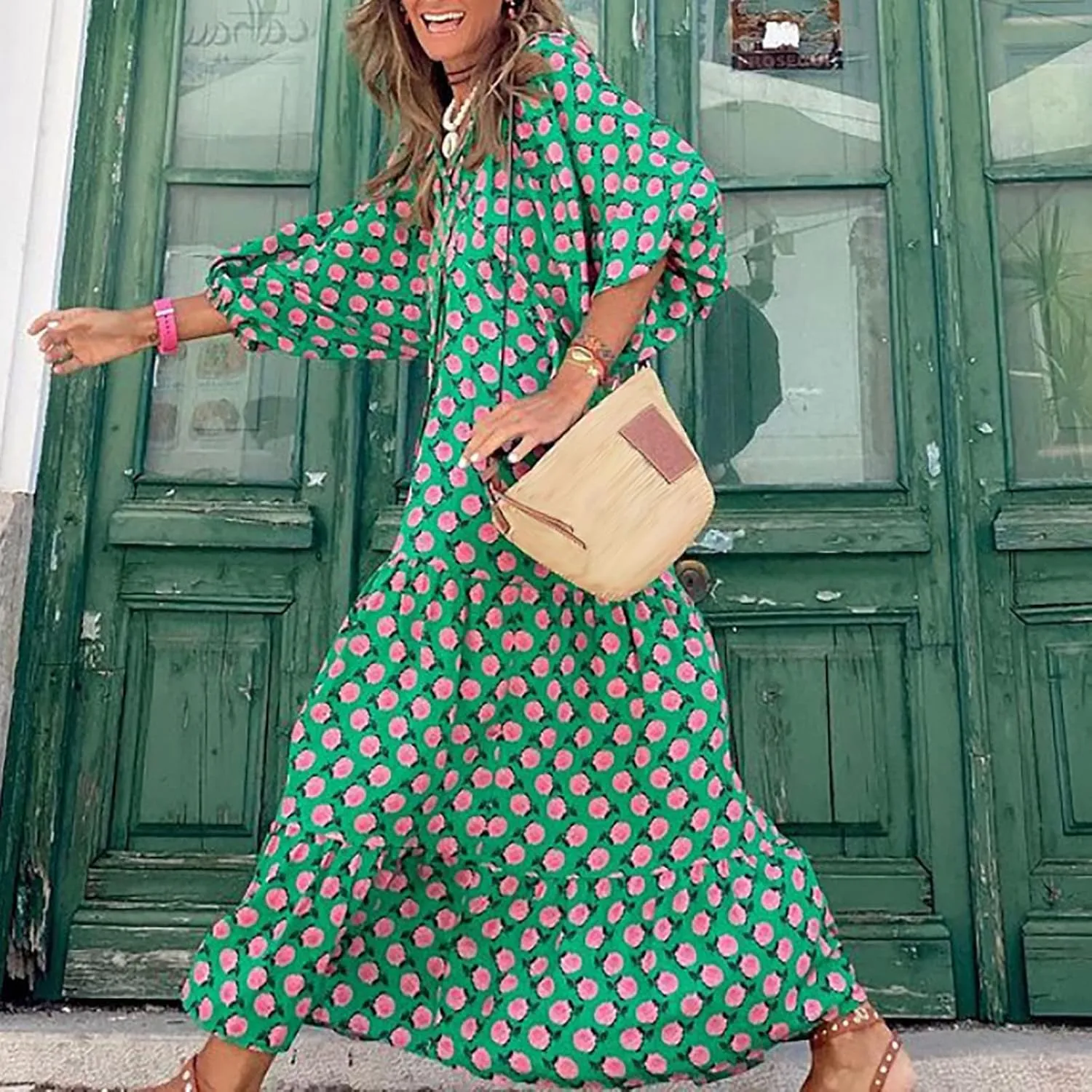 Womens Sundress Pleated Ruffle Maxi Dresses Pretty Garden Dresses for Women Long Puff Sleeve Skirt Vacation Summer 2025