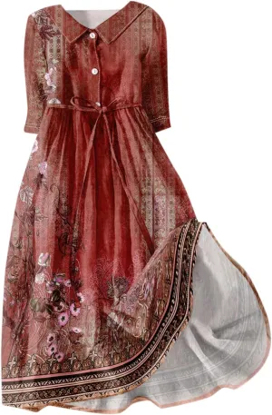 Women's Sundresses 2025 Summer Casual Loose Trendy 3/4 Sleeve Button Vintage Floral Printed Boho Dress Plus Size, S-3XL
