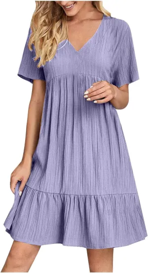 Women's Sundresses Short Sleeve Elegant Mini Dress Ruffle Pleated Summer Dresses Flowy V Neck Beach Dress