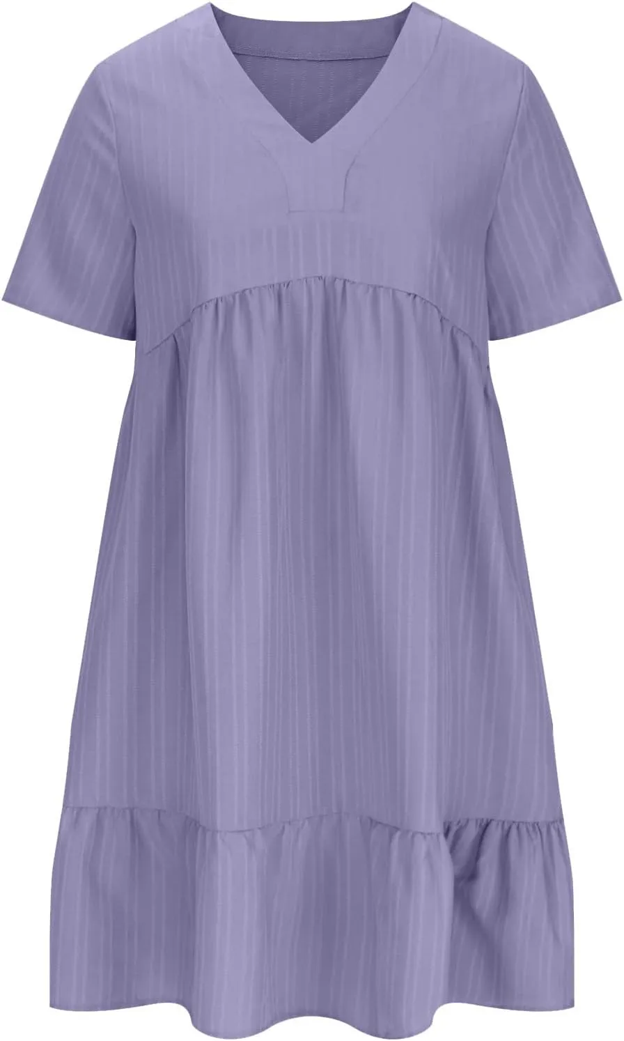 Women's Sundresses Short Sleeve Elegant Mini Dress Ruffle Pleated Summer Dresses Flowy V Neck Beach Dress