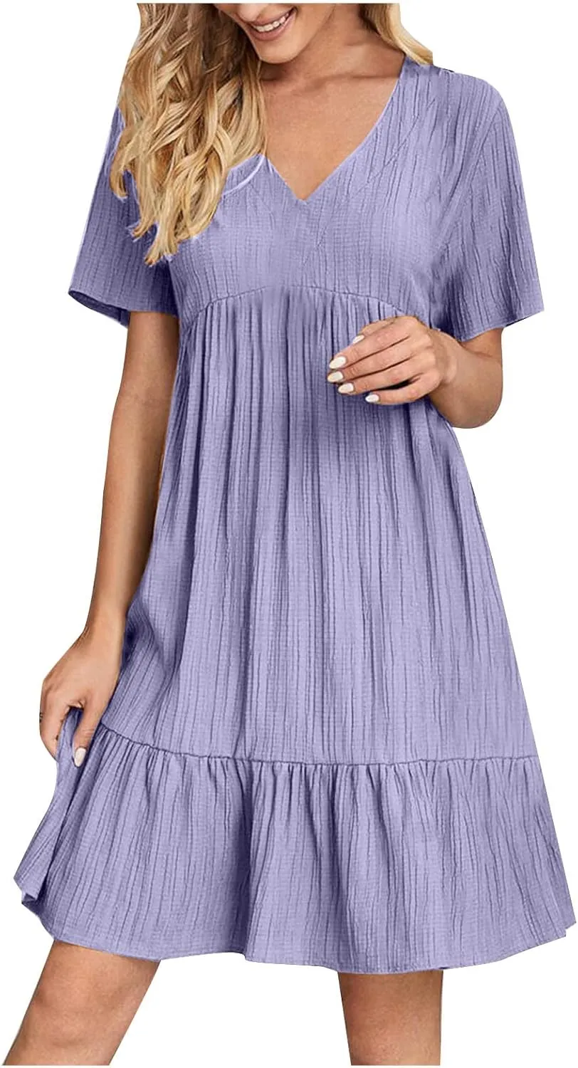 Women's Sundresses Short Sleeve Elegant Mini Dress Ruffle Pleated Summer Dresses Flowy V Neck Beach Dress