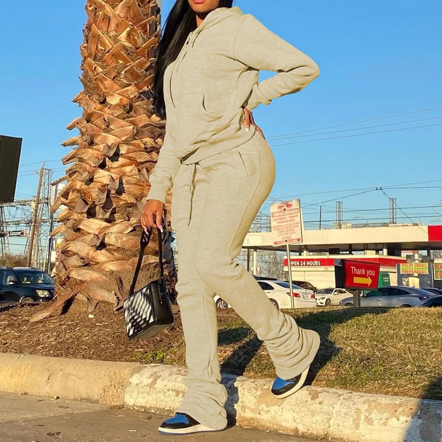 Women's Sweatsuits Sets Fleece 2 Piece Outfits Hooded Sweatshirts and Stacked Legging Sweatpans Tracksuit Lounge Set