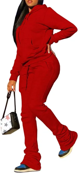 Women's Sweatsuits Sets Fleece 2 Piece Outfits Hooded Sweatshirts and Stacked Legging Sweatpans Tracksuit Lounge Set