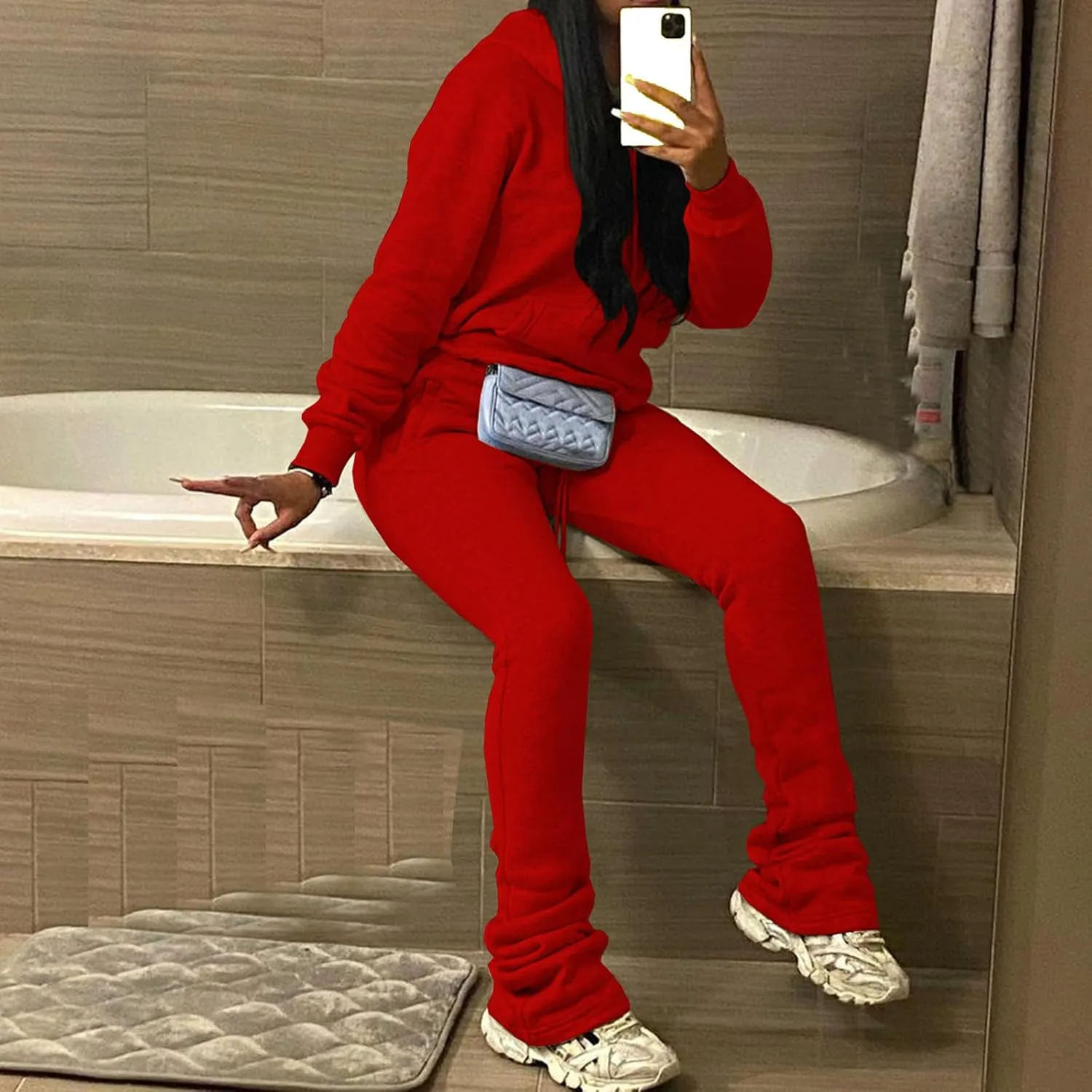 Women's Sweatsuits Sets Fleece 2 Piece Outfits Hooded Sweatshirts and Stacked Legging Sweatpans Tracksuit Lounge Set