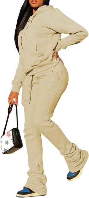Women's Sweatsuits Sets Fleece 2 Piece Outfits Hooded Sweatshirts and Stacked Legging Sweatpans Tracksuit Lounge Set