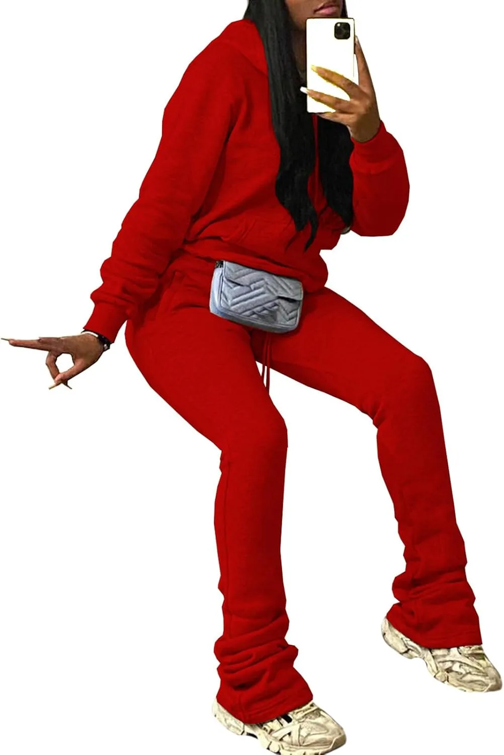 Women's Sweatsuits Sets Fleece 2 Piece Outfits Hooded Sweatshirts and Stacked Legging Sweatpans Tracksuit Lounge Set