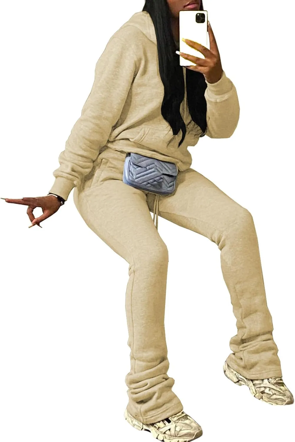 Women's Sweatsuits Sets Fleece 2 Piece Outfits Hooded Sweatshirts and Stacked Legging Sweatpans Tracksuit Lounge Set