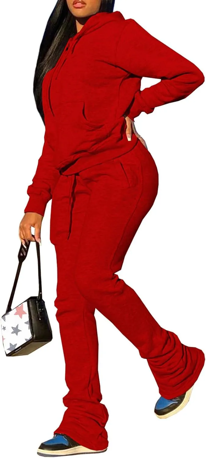 Women's Sweatsuits Sets Fleece 2 Piece Outfits Hooded Sweatshirts and Stacked Legging Sweatpans Tracksuit Lounge Set