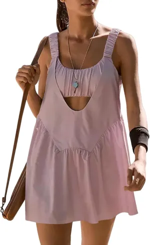 Womens Tennis Dress Built-in Bra and Shorts Sexy Backless Square Neck Strap Sleeveless Mini Dresses with Pockets