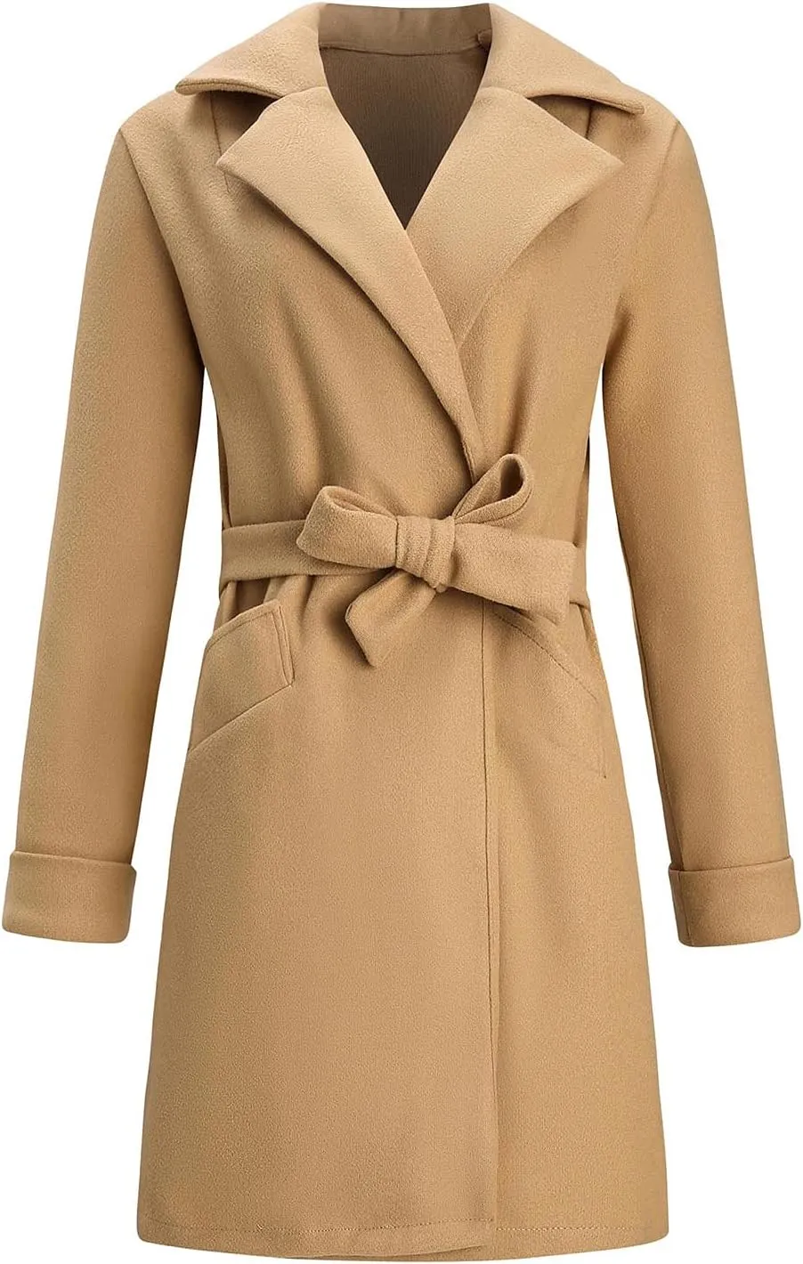 Women's Trench Coat Notch Lapel Thick Fall Winter Wrap Slim Fit Solid Wool Pea Coats Jacket with Belt (S-2XL)