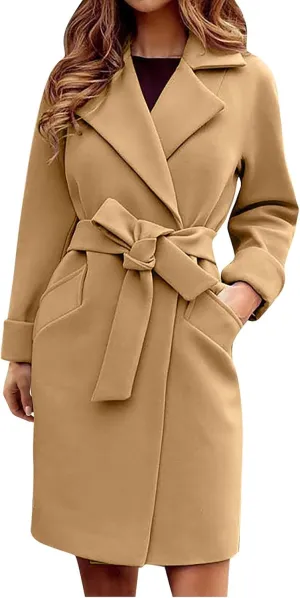 Women's Trench Coat Notch Lapel Thick Fall Winter Wrap Slim Fit Solid Wool Pea Coats Jacket with Belt (S-2XL)