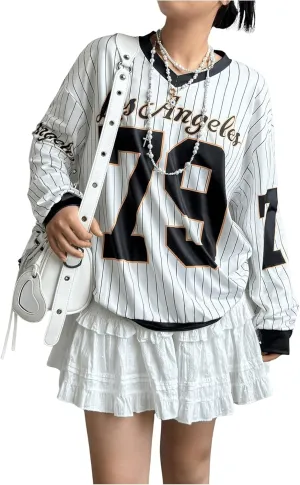 Women's Y2K Jersey Shirts Oversized Striped T Shirt Letter Number Graphic Jersey Tops V Neck Long Sleeve Tee Tops White Medium