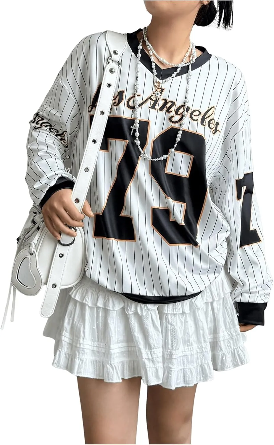 Women's Y2K Jersey Shirts Oversized Striped T Shirt Letter Number Graphic Jersey Tops V Neck Long Sleeve Tee Tops White Medium