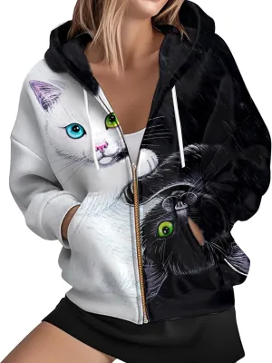 Womens Zip Front Plaid Sweatshirts Print Hoodie Fall Jackets Long Sleeve Casual Drawstring Clothes