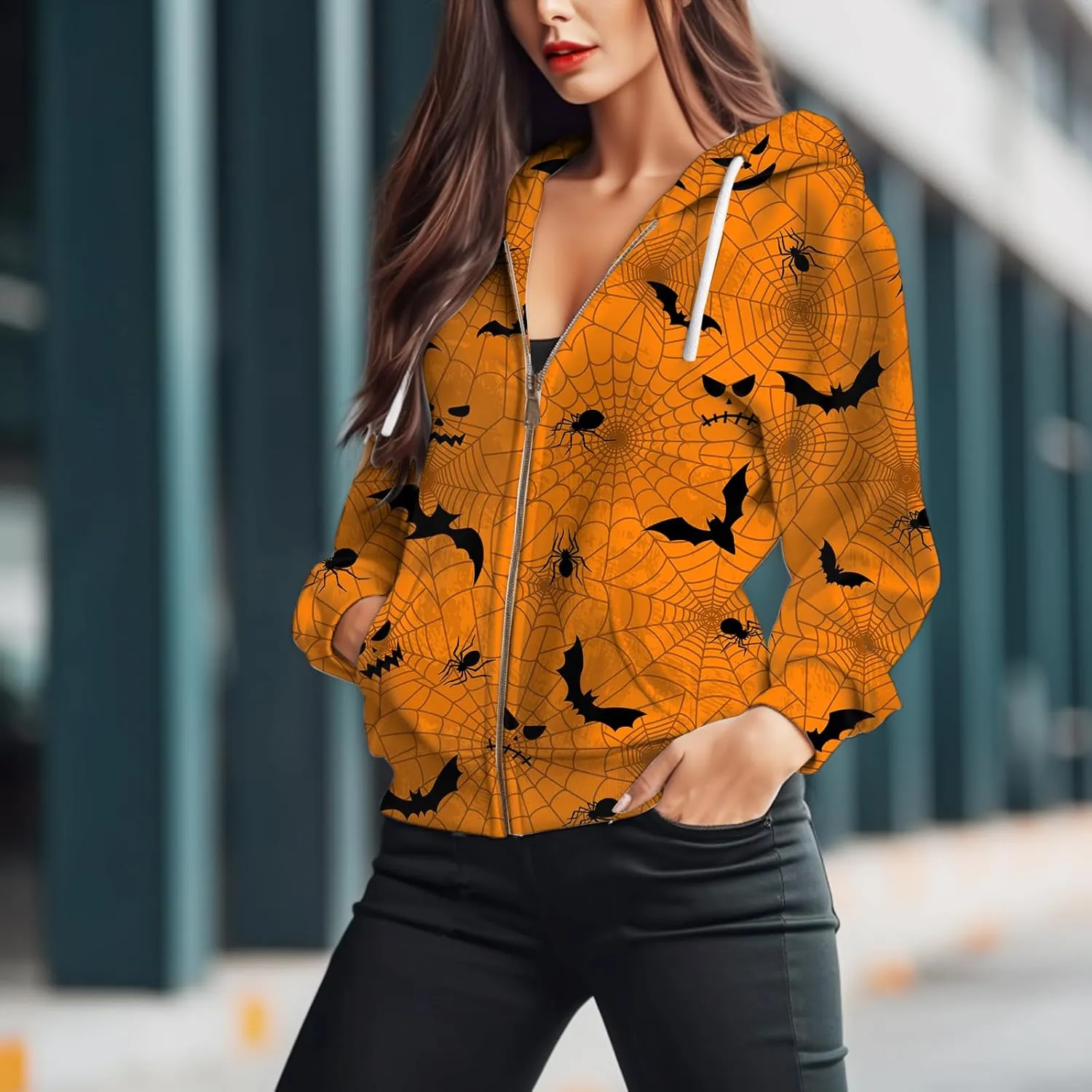 Womens Zip Front Plaid Sweatshirts Print Hoodie Fall Jackets Long Sleeve Casual Drawstring Clothes