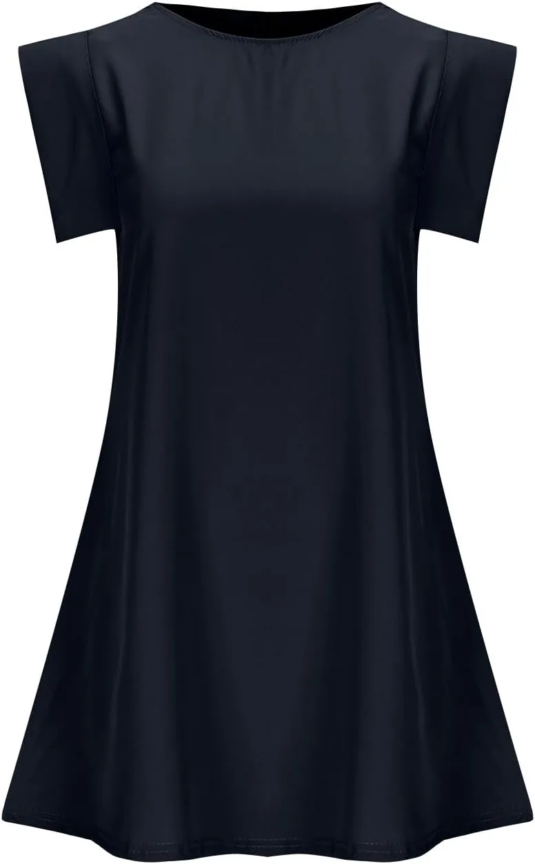 Work Dress for Women Round Neck Solid Color Sleeveless A-Line Casual Office Dresses Summer Mini T Shirt Dress