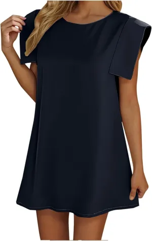 Work Dress for Women Round Neck Solid Color Sleeveless A-Line Casual Office Dresses Summer Mini T Shirt Dress