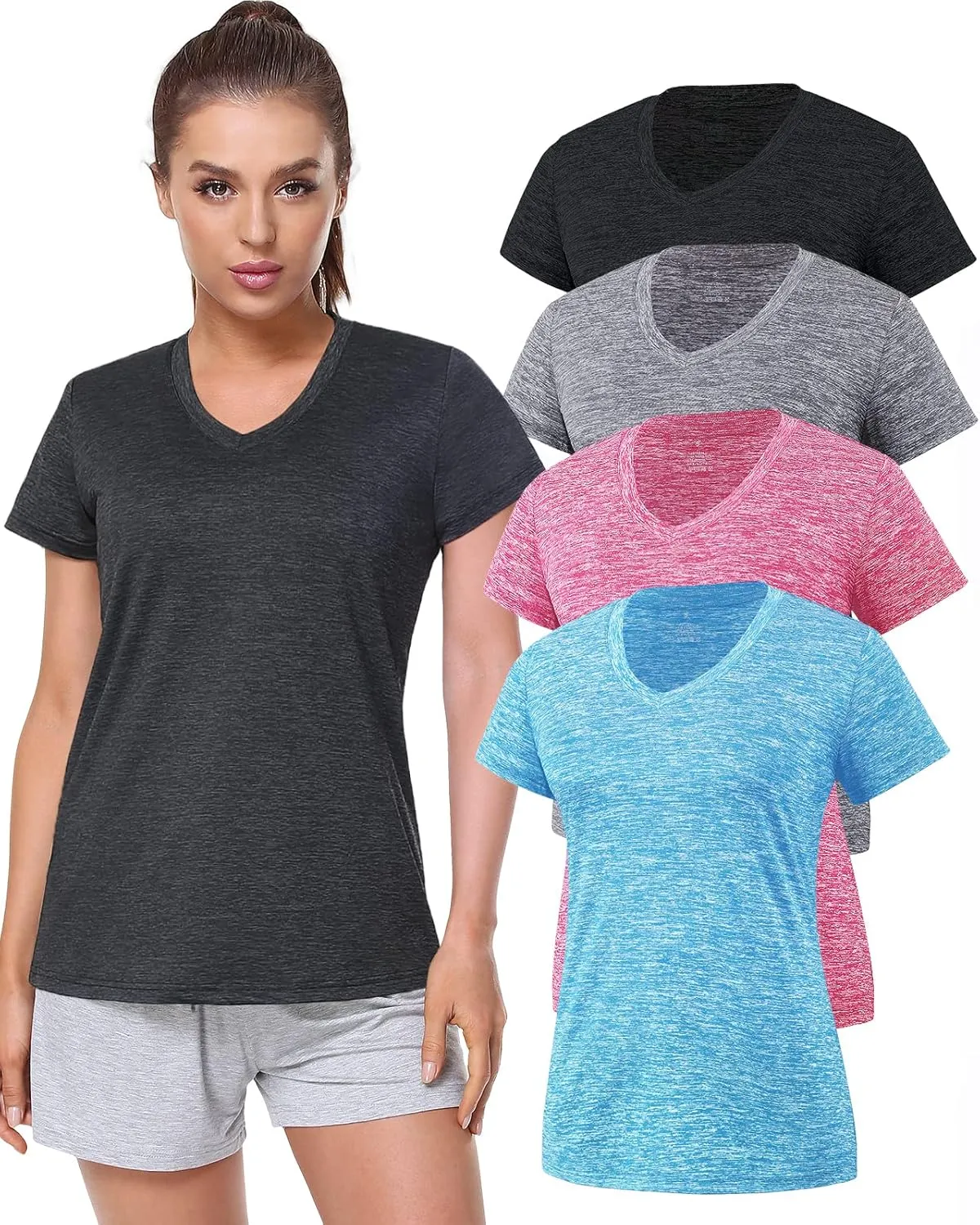 Xelky 3-4 Pack Women's Dry Fit Tshirt Short Sleeve Moisture Wicking Athletic Shirts Sport Activewear Tee V Neck Workout Top