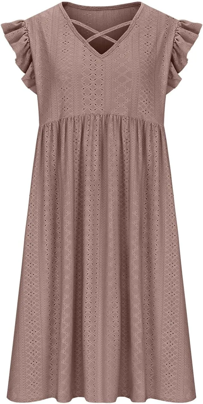 Xiaojmake Summer Casual Boho Dresses for Women 2025 A-Line Ruffle Sleeve Dress Keyhole Beach Vacation Flowy Mini Dresses