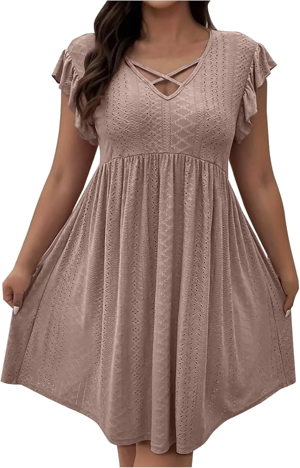 Xiaojmake Summer Casual Boho Dresses for Women 2025 A-Line Ruffle Sleeve Dress Keyhole Beach Vacation Flowy Mini Dresses