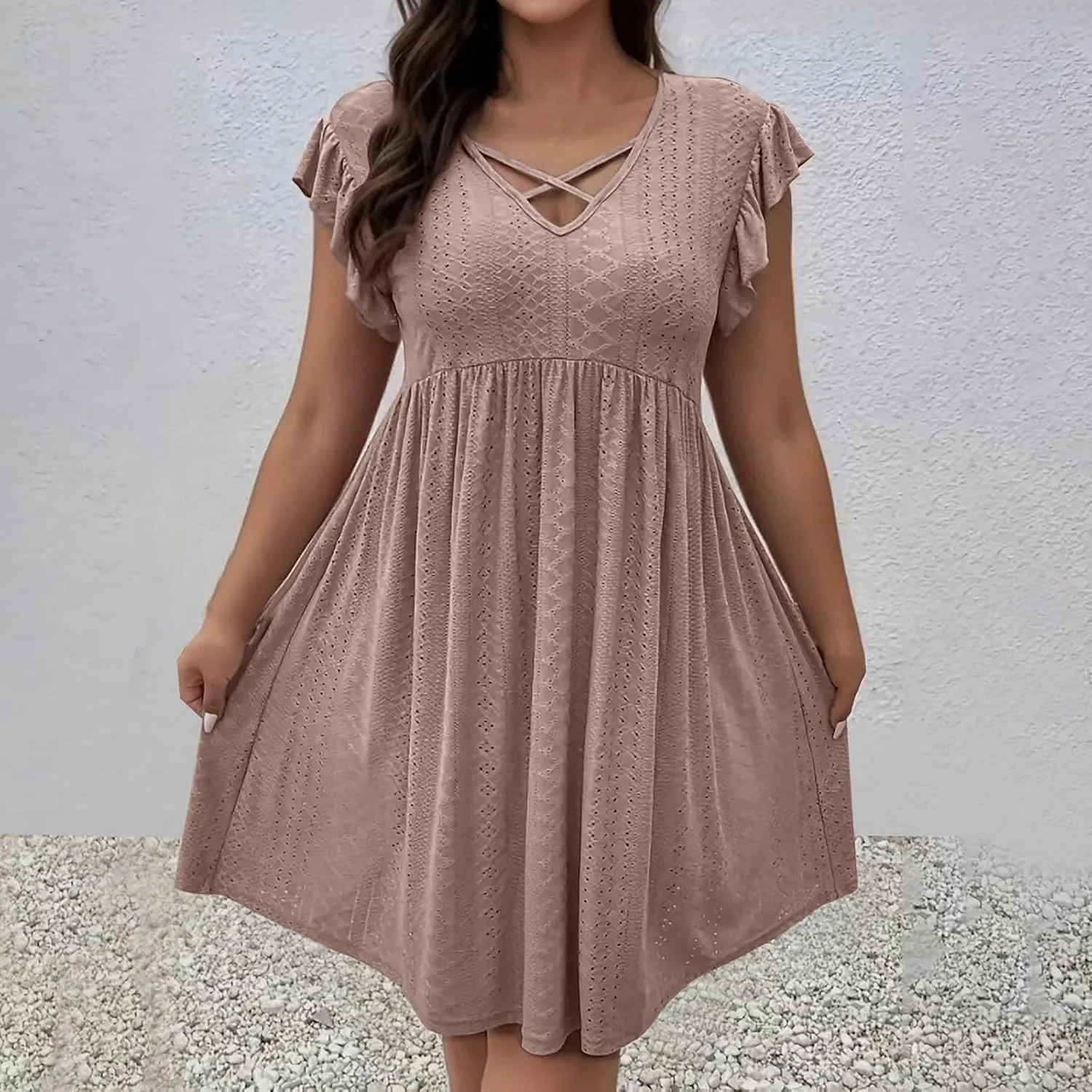 Xiaojmake Summer Casual Boho Dresses for Women 2025 A-Line Ruffle Sleeve Dress Keyhole Beach Vacation Flowy Mini Dresses