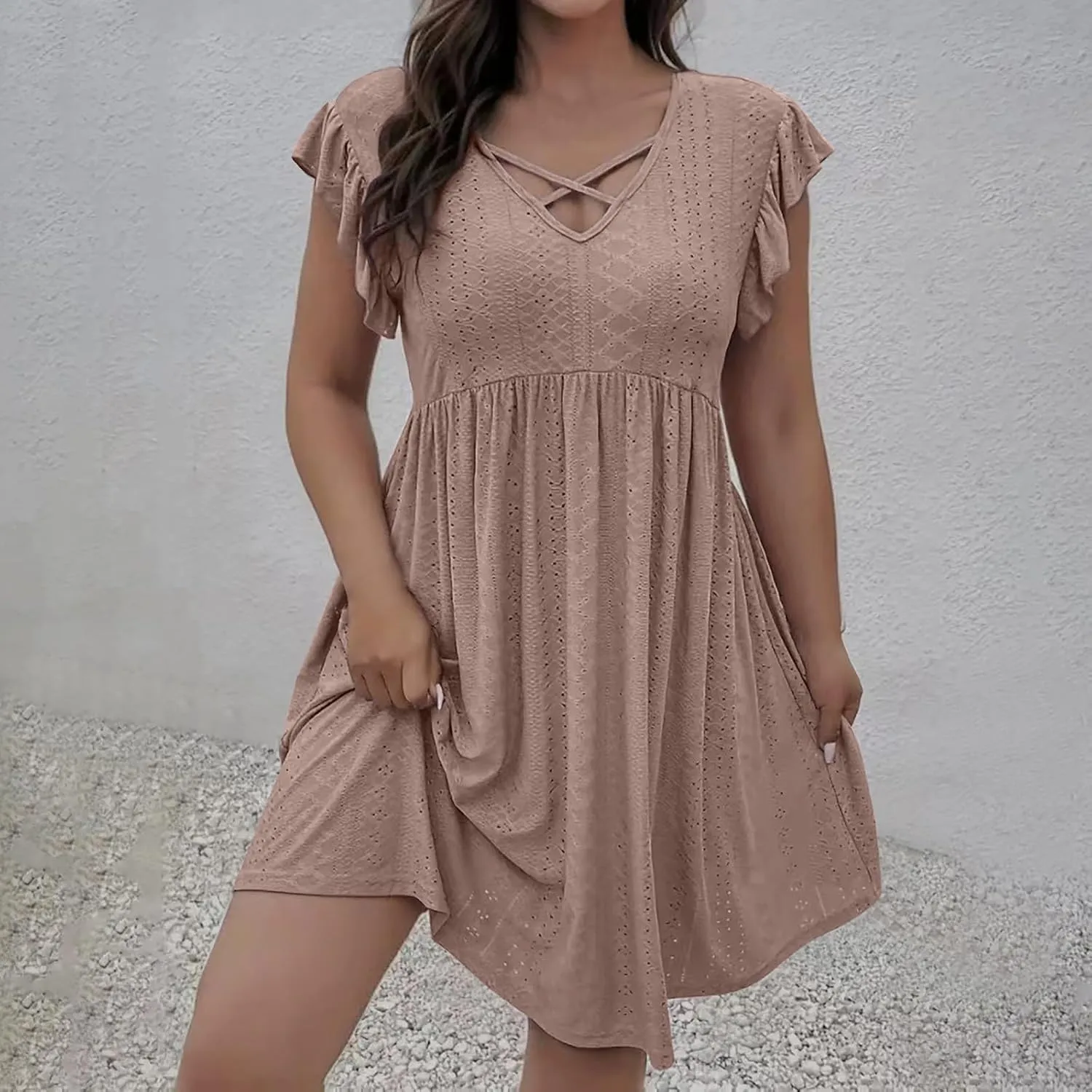 Xiaojmake Summer Casual Boho Dresses for Women 2025 A-Line Ruffle Sleeve Dress Keyhole Beach Vacation Flowy Mini Dresses