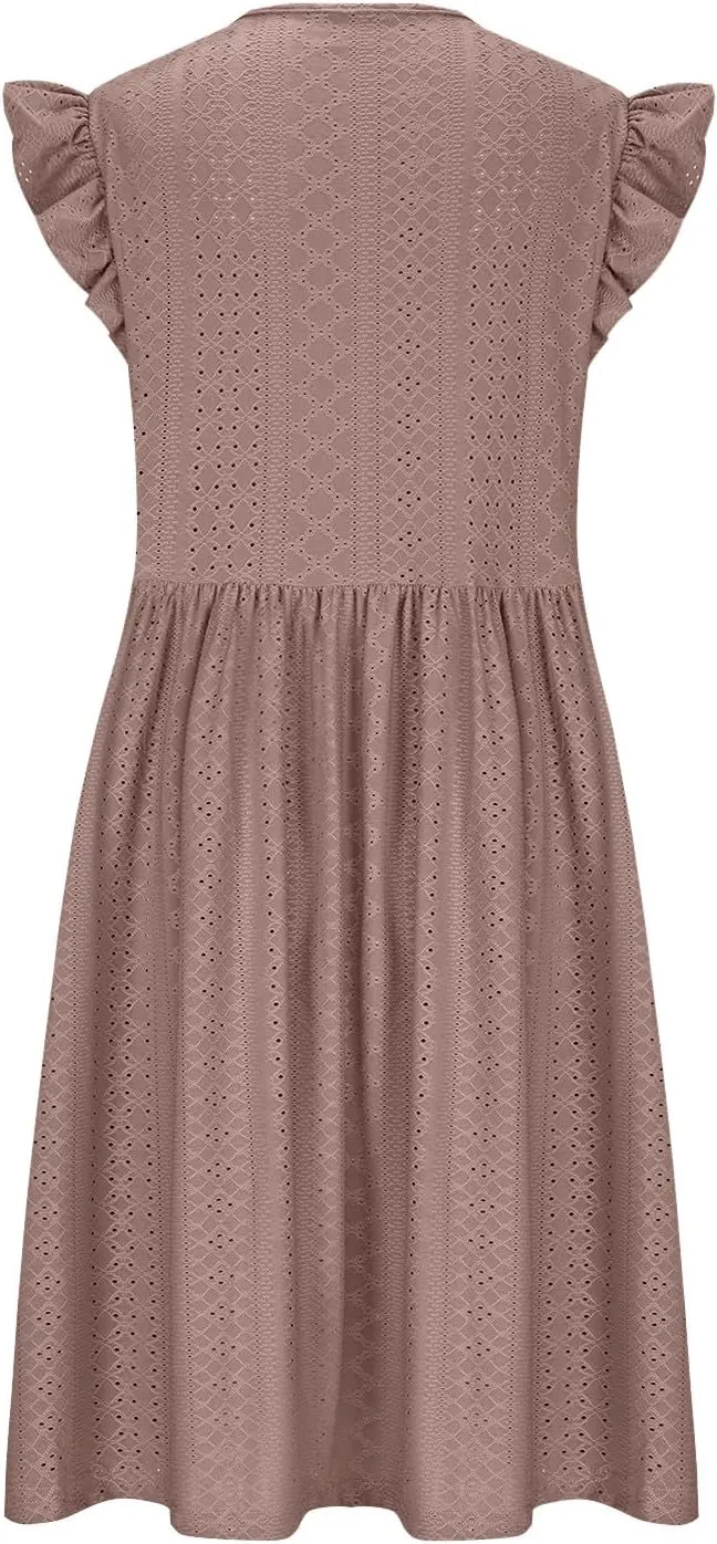 Xiaojmake Summer Casual Boho Dresses for Women 2025 A-Line Ruffle Sleeve Dress Keyhole Beach Vacation Flowy Mini Dresses