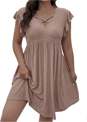 Xiaojmake Summer Casual Boho Dresses for Women 2025 A-Line Ruffle Sleeve Dress Keyhole Beach Vacation Flowy Mini Dresses