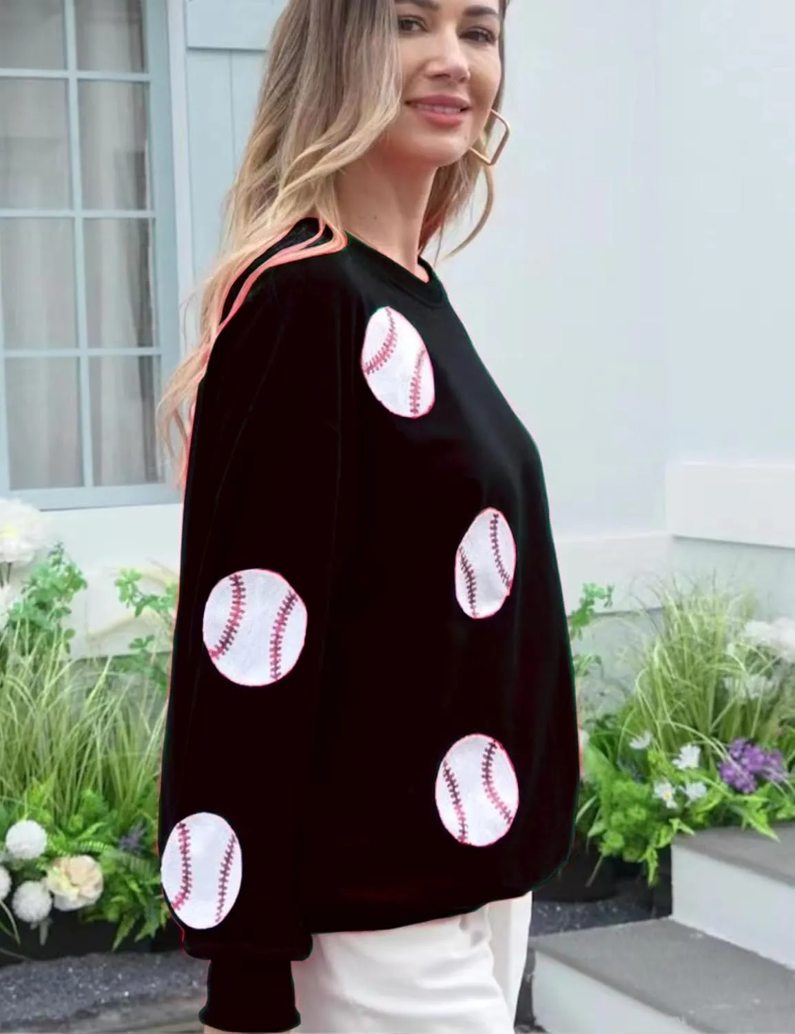 Xunger Womens Crewneck Long Sleeve Baseball Sequin Pullover Sweatshirt Loose Fit Casual Patches Gameday Tops