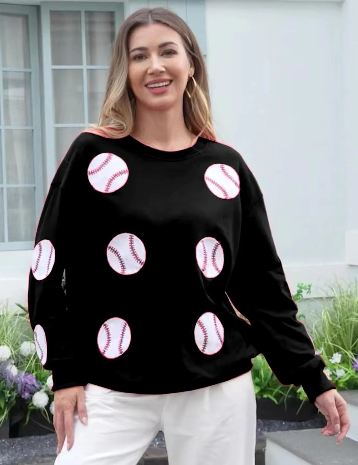 Xunger Womens Crewneck Long Sleeve Baseball Sequin Pullover Sweatshirt Loose Fit Casual Patches Gameday Tops