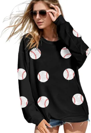Xunger Womens Crewneck Long Sleeve Baseball Sequin Pullover Sweatshirt Loose Fit Casual Patches Gameday Tops