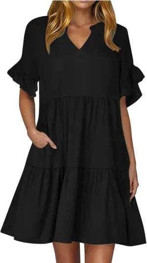 XUNRYAN Womens Summer Babydoll Dresses V-Neck Casual Short Sleeve Tiered Ruffle Mini Dress Pockets Loungewear Fashion Clothes