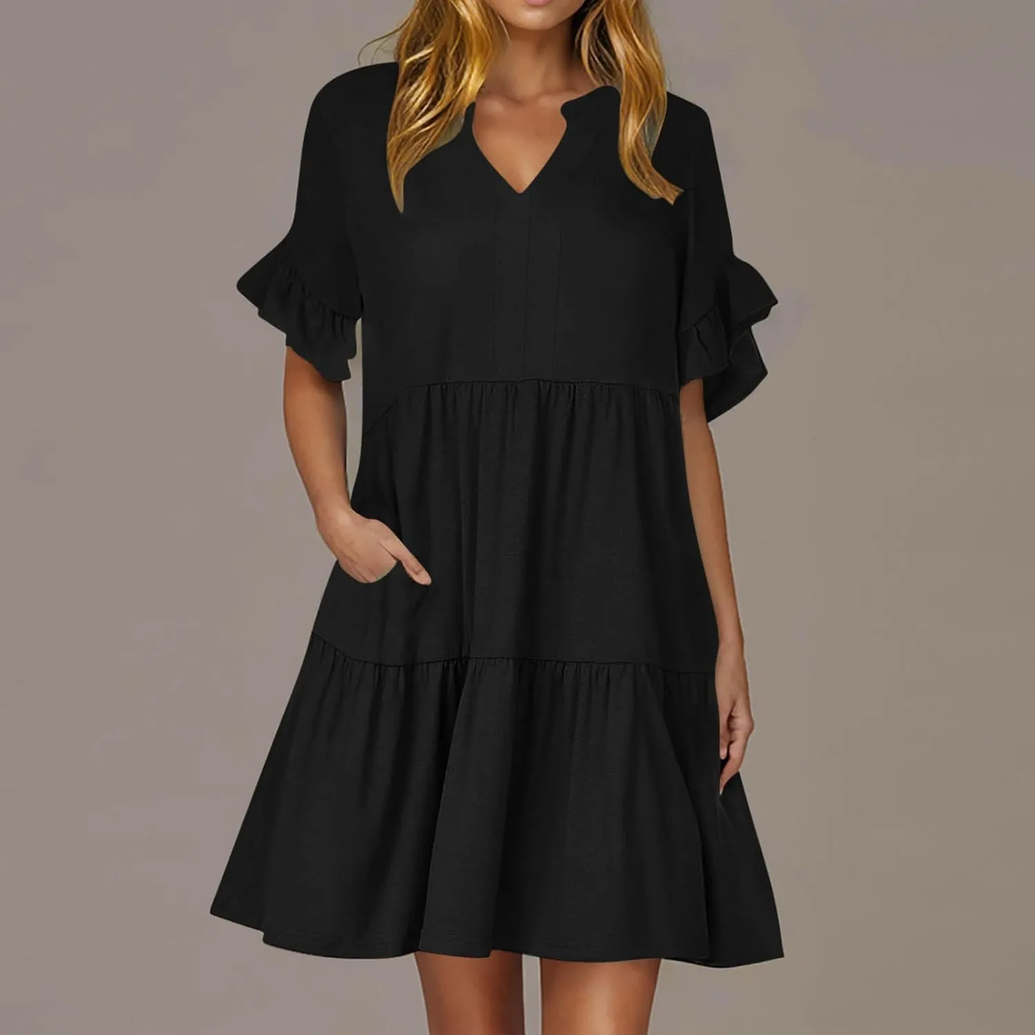 XUNRYAN Womens Summer Babydoll Dresses V-Neck Casual Short Sleeve Tiered Ruffle Mini Dress Pockets Loungewear Fashion Clothes