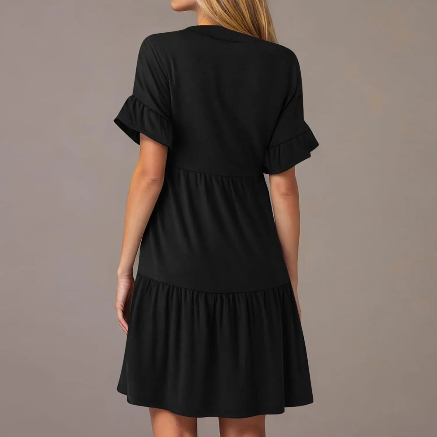XUNRYAN Womens Summer Babydoll Dresses V-Neck Casual Short Sleeve Tiered Ruffle Mini Dress Pockets Loungewear Fashion Clothes