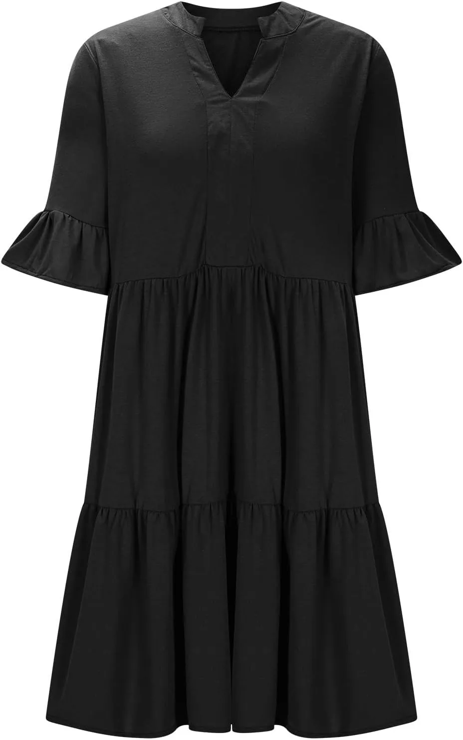 XUNRYAN Womens Summer Babydoll Dresses V-Neck Casual Short Sleeve Tiered Ruffle Mini Dress Pockets Loungewear Fashion Clothes