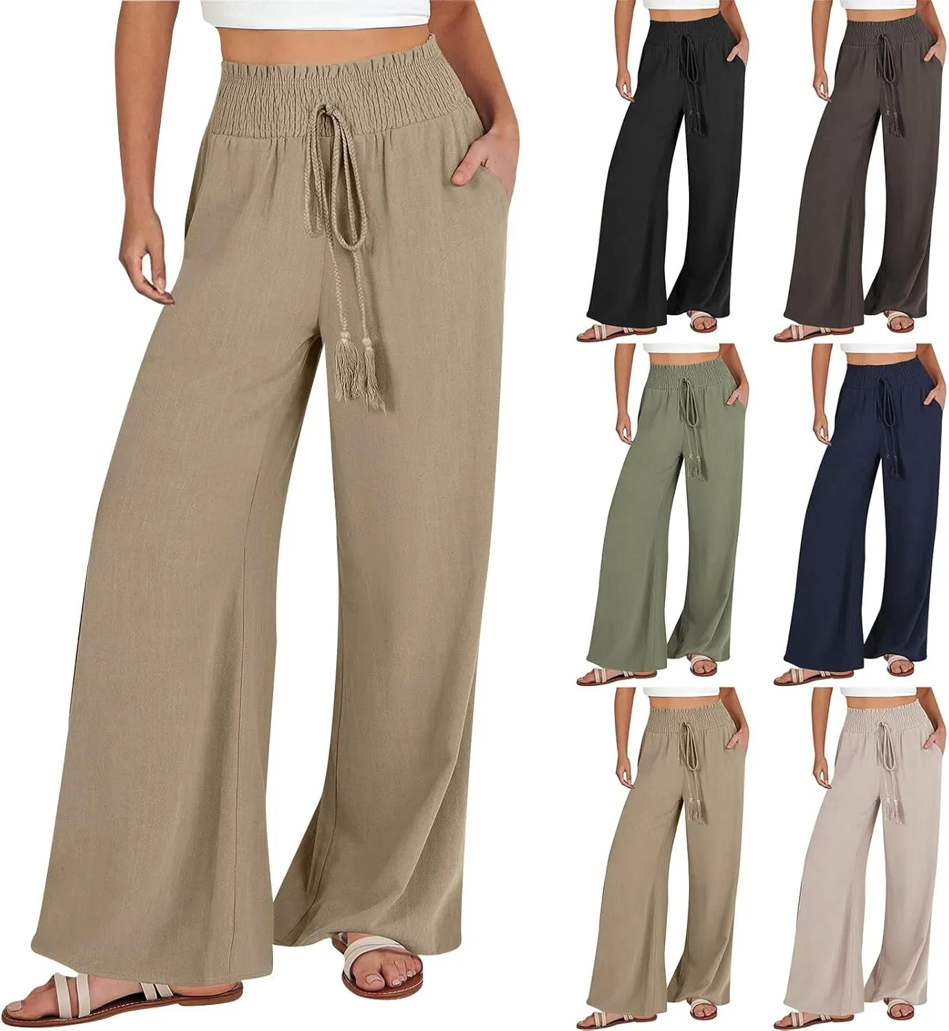 yardsong Linen Pants Women Summer Boho Smocked Drawstring High Waist Wide Leg Casual Loose Fit Trousers with Pockets