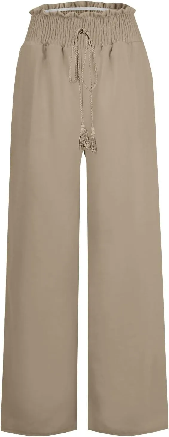 yardsong Linen Pants Women Summer Boho Smocked Drawstring High Waist Wide Leg Casual Loose Fit Trousers with Pockets