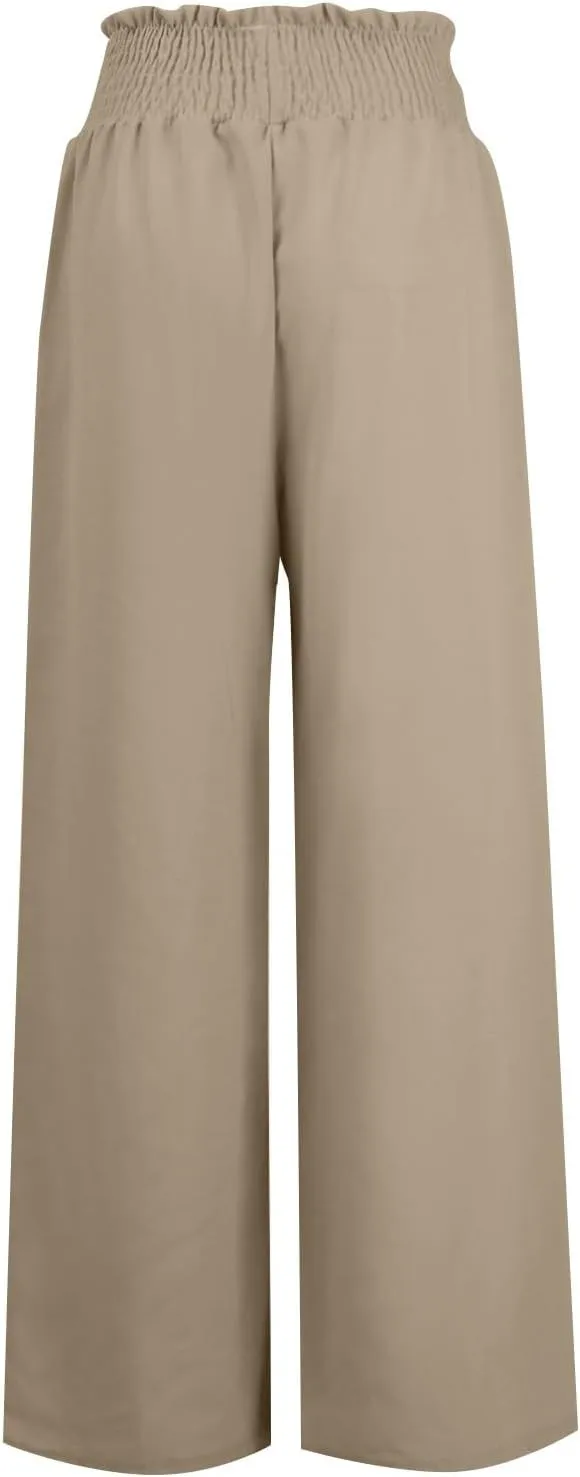 yardsong Linen Pants Women Summer Boho Smocked Drawstring High Waist Wide Leg Casual Loose Fit Trousers with Pockets