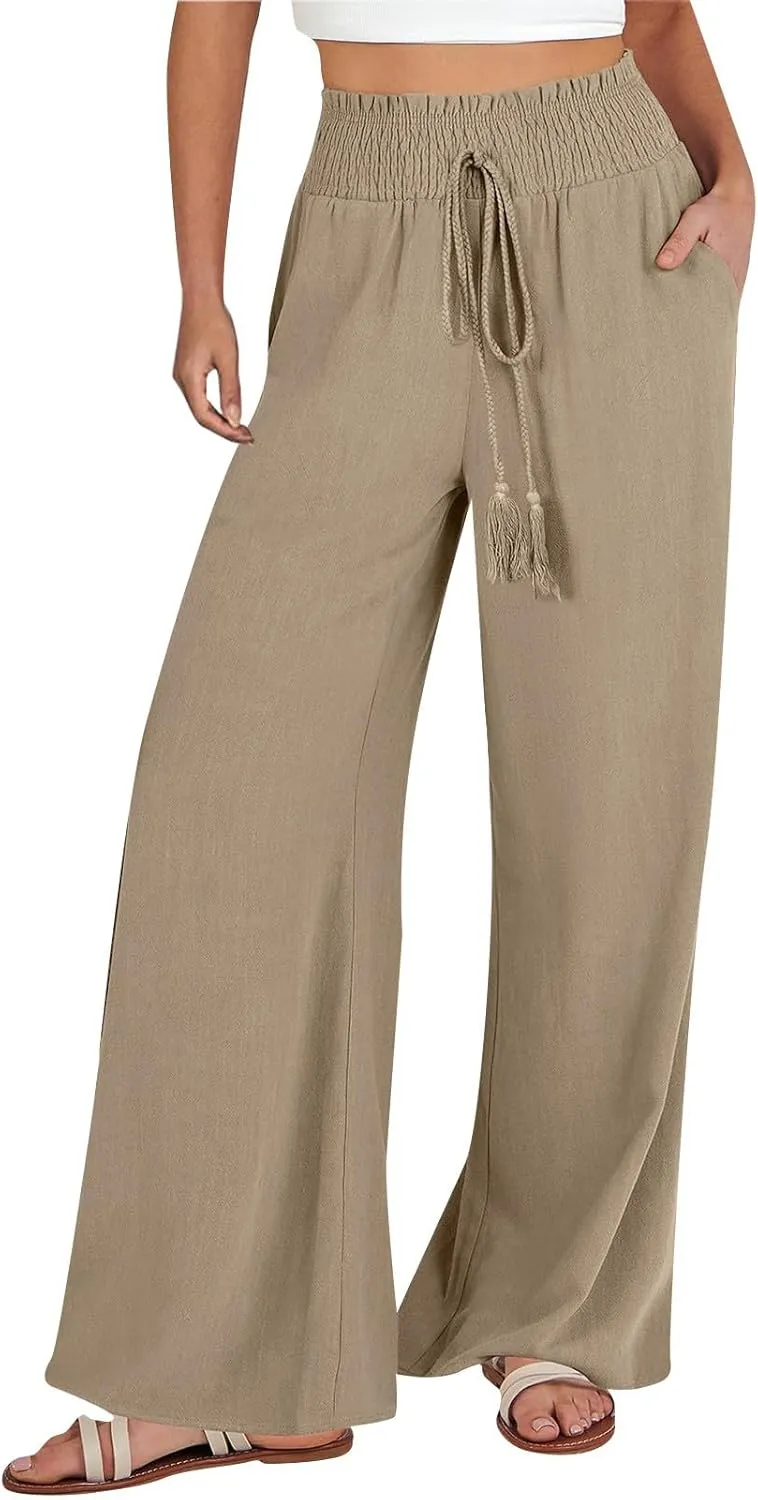 yardsong Linen Pants Women Summer Boho Smocked Drawstring High Waist Wide Leg Casual Loose Fit Trousers with Pockets