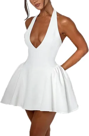 Yeenily Women's Halter Bow Tie Deep V Neck Sleeveless Backless Sexy Mini Dress A Line Flowy Club Cocktail Prom Dress
