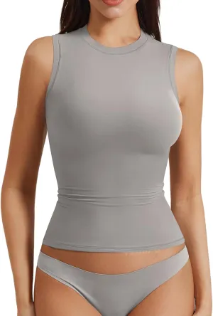 YEOREO Women Basic Mock Neck Workout Crop Top Sleeveless Double Lined Tank Tee Slim Fitted Ruched Going Out Camisole
