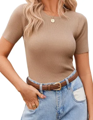 Zeagoo Women's Short Sleeve Basic Slim Fit Tops Crewneck Ribbed Knit T Shirt Cute Summer Outfits