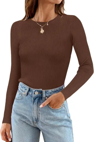 ZESICA Women's Long Sleeve Crewneck Shirts Spring Knit Sweater Slim Fitted Casual Basic Tee Tops