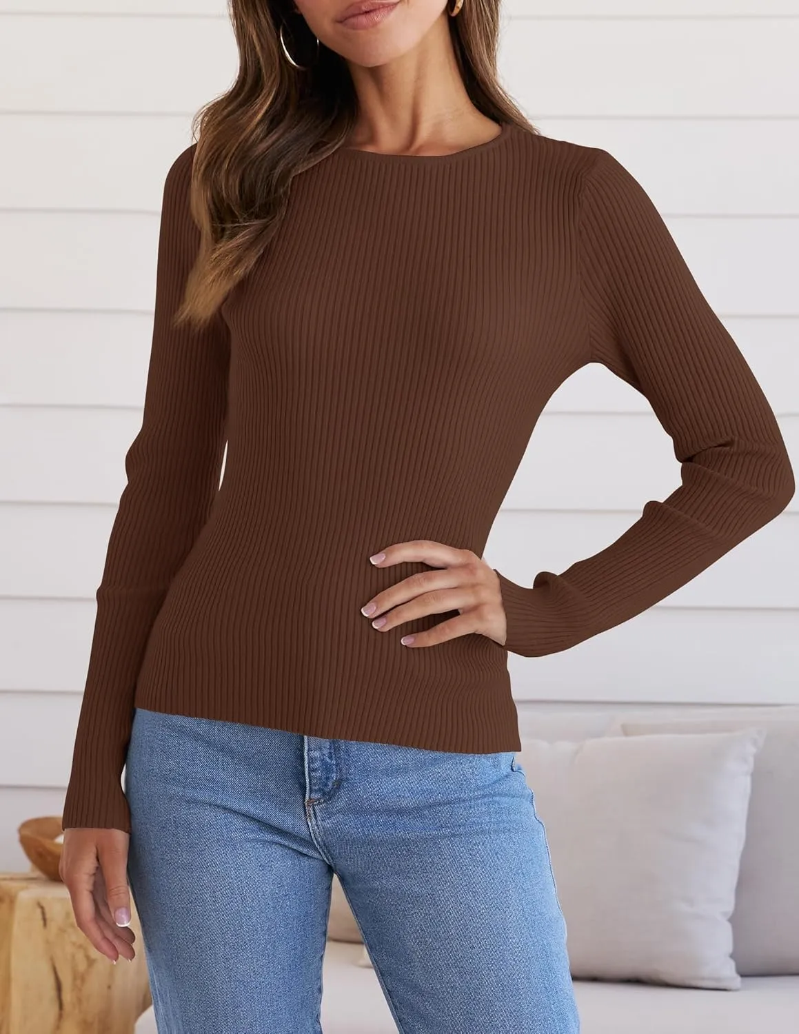 ZESICA Women's Long Sleeve Crewneck Shirts Spring Knit Sweater Slim Fitted Casual Basic Tee Tops